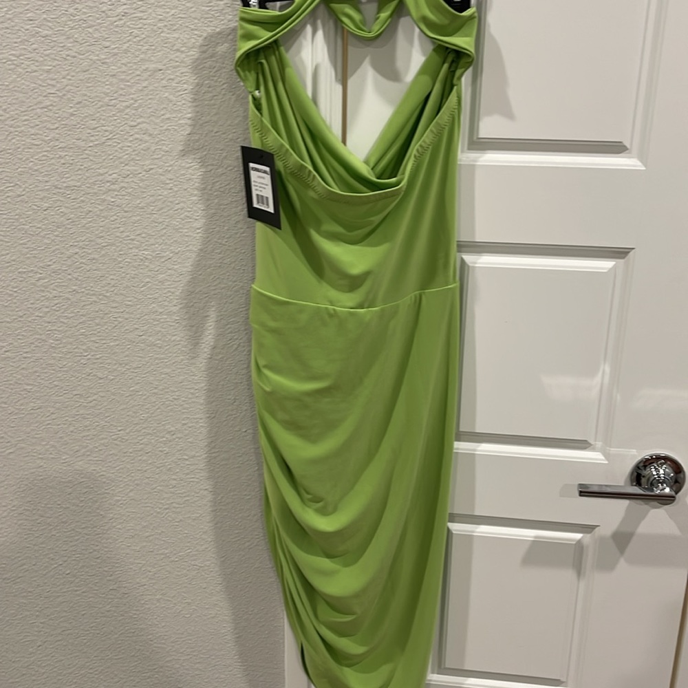 Norma Kamali Neon Lime Ruched Asymmetrical Halter Dress - Picture 9 of 11